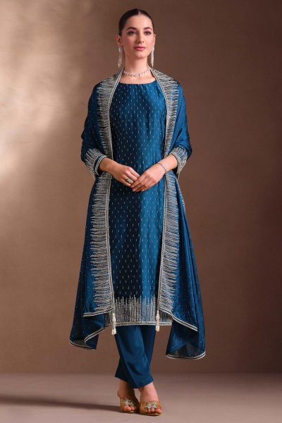 Navy Blue Georgette Sparkling Stone Embellished Kurta Set