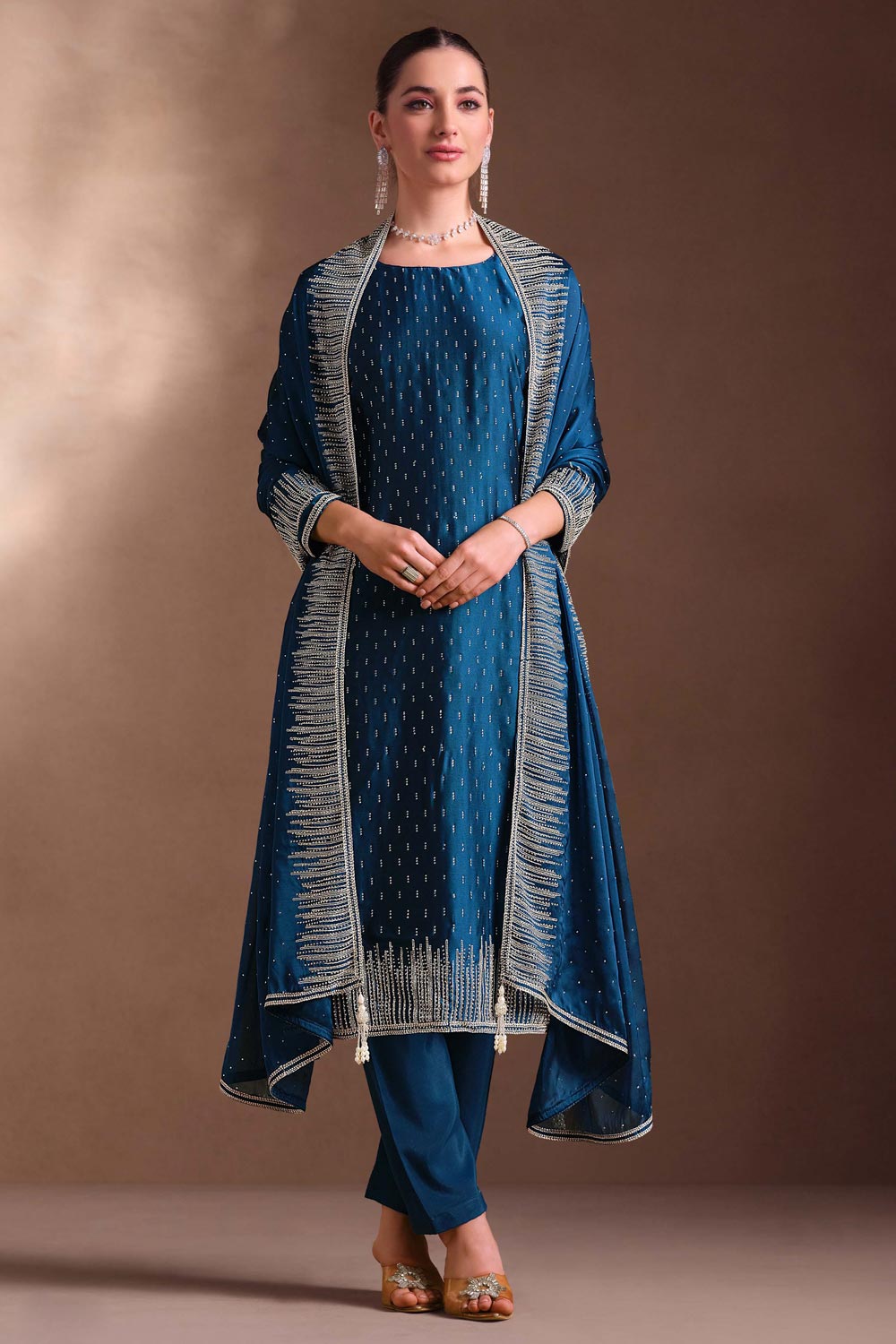 Women Navy Blue Faux Georgette Designer Embroidery Work Kurta Set With Dupatta main image 1