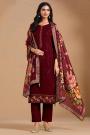 Maroon Chinon Silk Chiffon Embroidered Kurta Set With Organza Silk Dupatta