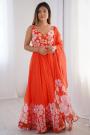 Coral Organza Silk Printed & Hand Embroidered Anarkali Dress With Dupatta