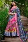 Magenta Pink & Navy Blue Silk Kalamkari Printed & Zari Woven Lehenga Set