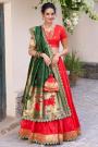 Coral Red Zari Woven Paithani Embroidered Lehenga Set With Potli Bag
