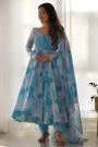 Soft Blue Marble Printed Organza Silk Anarkali Set