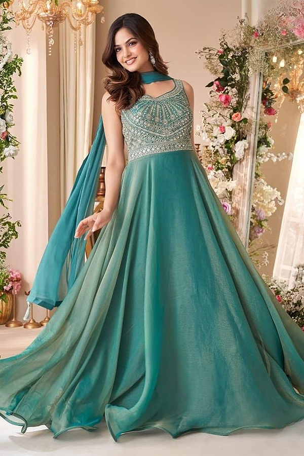 Elegant Teal Blue Embroidered Anarkali with Pastel Dupatta