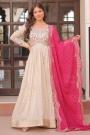 Ivory & Pink Zari Woven Silk Anarkali Dress With Bandhani Georgette Dupatta