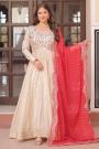 Ivory & Red Zari Woven Silk Anarkali Dress With Bandhani Georgette Dupatta