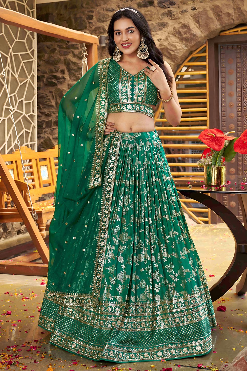 Buy Green Silk Zari Woven & Embroidered Lehenga Set Online | Like A Diva