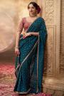 Prussian Blue Crepe Silk Embroidered & Bordered Saree