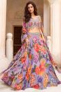 Lavender Multicolor Soft Organza Silk Printed & Embroidered Skirt & Top Set With Shrug Style Dupatta