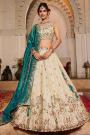 Vanilla & Teal Blue Tissue Silk Embroidered Lehenga Set