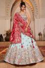Soft Blue & Red Tissue Silk Embroidered Lehenga Set