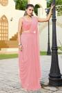 Pre-Draped Salmon Pink Georgette Saree With Hand Embroidered Blouse & Belt