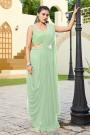 Pre-Draped Pastel Green Georgette Saree With Hand Embroidered Blouse & Belt