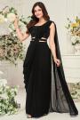 Pre-Draped Black Georgette Saree With Hand Embroidered Blouse & Belt