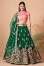 Dark Green Net Embroidered Lehenga Choli Set