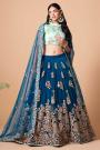 Prussian Blue Net Embroidered Lehenga Choli Set