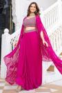 Deep Pink Georgette Dhoti Skirt With Embroidered Top & Hand Worked Cape