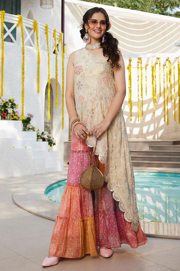 Ivory Appliqué & Kardana Indowestern Set with One-Side Sleeve