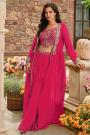 Magenta Rose Georgette Indowestern Embroidered Top & Palazzo Set With Jacket