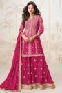 Fuchsia Pink Chinon Silk Embroidered Long Kurti Lehenga Set
