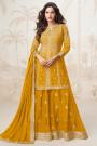 Mustard Yellow Chinon Silk Embroidered Long Kurti Lehenga Set