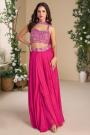 Fuchsia Pink Hand Embroidered Chinon Silk Top & Palazzo Set With Choker Style Dupatta
