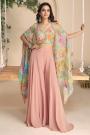 Multicolor & Peach Pink Chinon Silk Printes, Embroidered, & Hand Embellished Palazzo With Top & Shrug