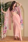 Peach Chinon Silk Printed & Embroidered Dhoti Skirt With Organza Silk Top & Shrug