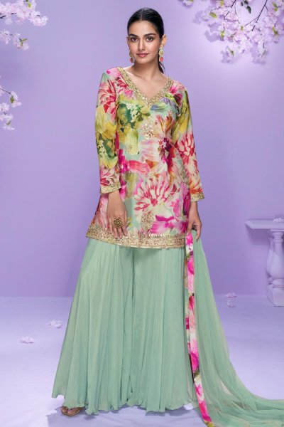 Multicolor & Mint Chinon Silk Printed & Hand Embroidered Sharara Set With Net Dupatta