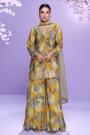 Mustard & Grey Chinon Silk Printed & Hand Embroidered Sharara Set With Net Dupatta