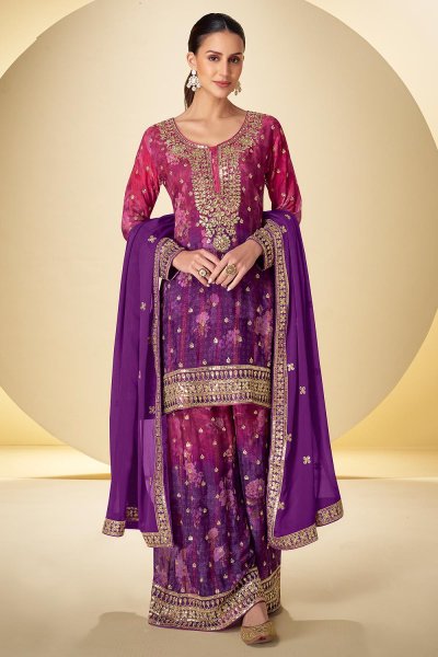 Purple & Magenta Chinon Silk Printed & Hand Embroidered Sharara Kurta Set