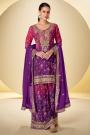 Purple & Magenta Chinon Silk Printed & Hand Embroidered Sharara Kurta Set