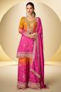 Orange & Pink Chinon Silk Printed & Hand Embroidered Sharara Kurta Set
