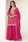 Fuchsia Pink Bandhani Printed & EMbroidered Chinon Silk Sharara Kurta Set