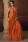 Orange Embroidered Chinon Silk Top & Palazzo Set With Jacket