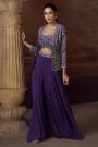 Purple Embroidered Georgette Top & Palazzo Set With Jacket