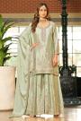 Pastel Green Chinon Silk Embroidered & Hand Embellished Sharara Kurta Set