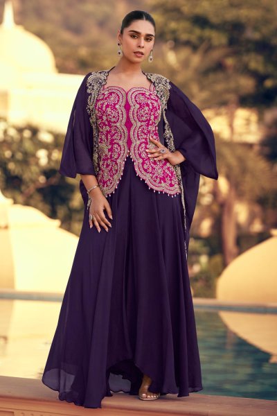 Purple & Magenta Silk Hand Embellished & Embroidered Indowestern Set Purple & Magenta Silk Hand Embellished & Embroidered Indowestern Set