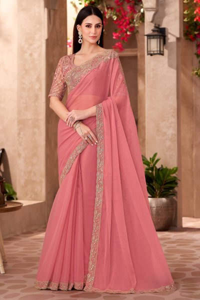 Peach Pink Georgette Embroidered Saree Peach Pink Georgette Embroidered Saree