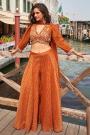Deep  Burnt Orange Silk Embroidered Top & Palazzo Set With Dupatta