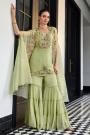 Light Green Chanderi Silk Hand Embroidered Sharara Set With Shrug