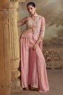 Blush Pink Net Embroidered Flared Palazzo, Short Kurta, & Choker Dupatta Set
