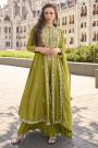 Kiwi Green Silk Embroidered Front Slit Anarkali With Palazzo & Organza Silk Dupatta