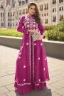 Magenta Silk Embroidered Front Slit Anarkali With Palazzo & Organza Silk Dupatta
