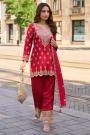 Red Silk Embroidered & Hand Embellished Kurta Set