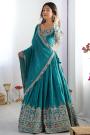 Teal Crepe Silk Embroidered Lehenga Set