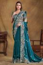 Prussian Blue Satin Silk Hand Embroidered Saree With Belt