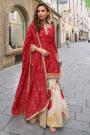 Red Chinon Silk Embroidered & Printed Sharara Kurta Set