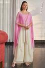 Ivory & Pink Ombre Sparkling Crystal Detailed Georgette Top, Palazzo, & Shrug Set