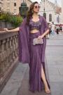 Plum Purple Woven Silk Dhoti Skirt With Hand Embroidered Top & Shrug